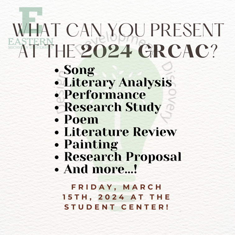 A list of what can be presented at the 2024 GRCAC: Song, Literary Analysis, Performance, Research Study, Poem, Literature Review, Painting, Research Proposal, And more! 