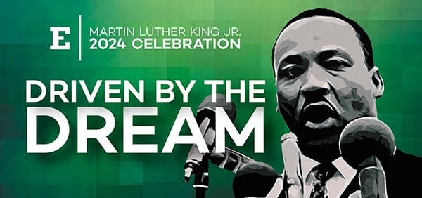 Green, white, and black graphic of Martin Luther King Jr. with the words 2024 Celebration, Driven by the Dream