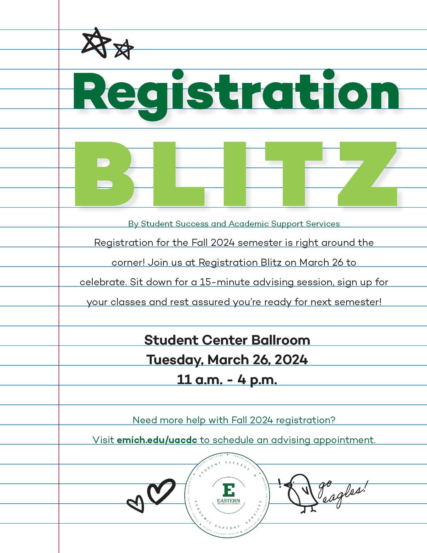 Flyer for Fall 2024 Registration Blitz, Tuesday March 26, 11am-4pm, Student Center Ballroom