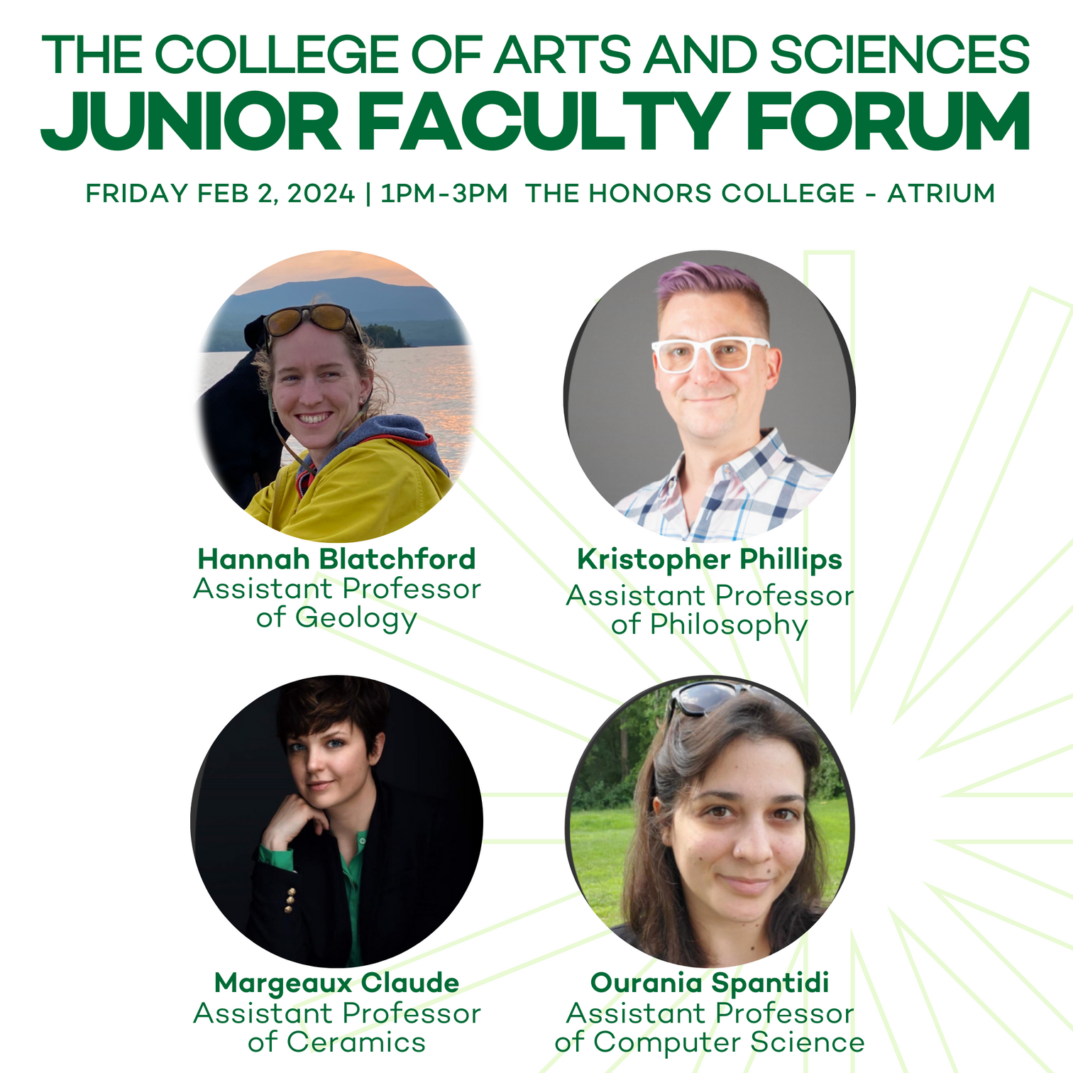 A flyer for the college of arts and sciences junior faculty forum, Friday Feb 2, 1-3pm, at The Honors College Atrium