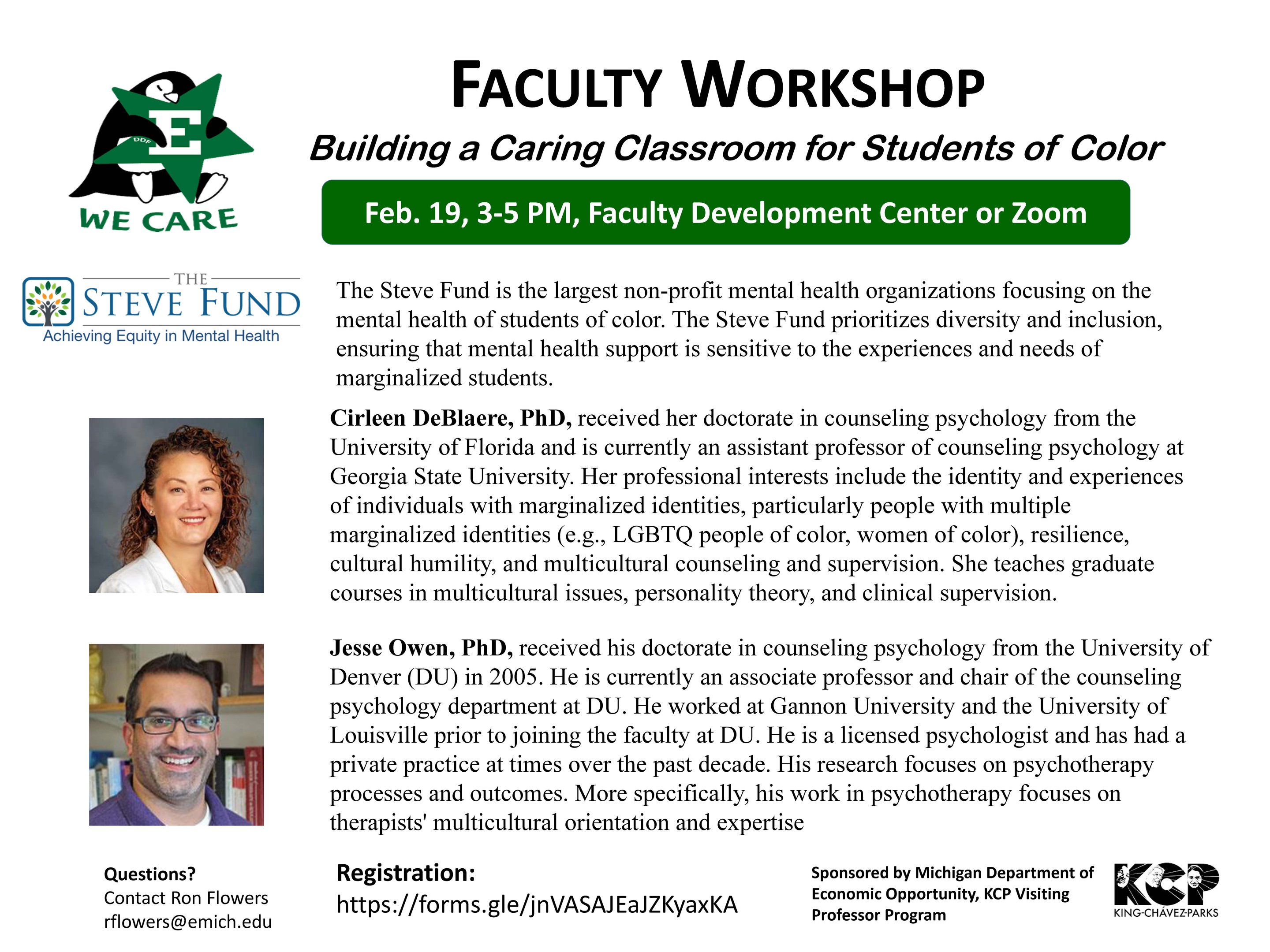 Flyer for the faculty workshop Building a Caring Classroom for Students of Color, Feb. 19, 3-5pm, Faculty Development Center or Zoom