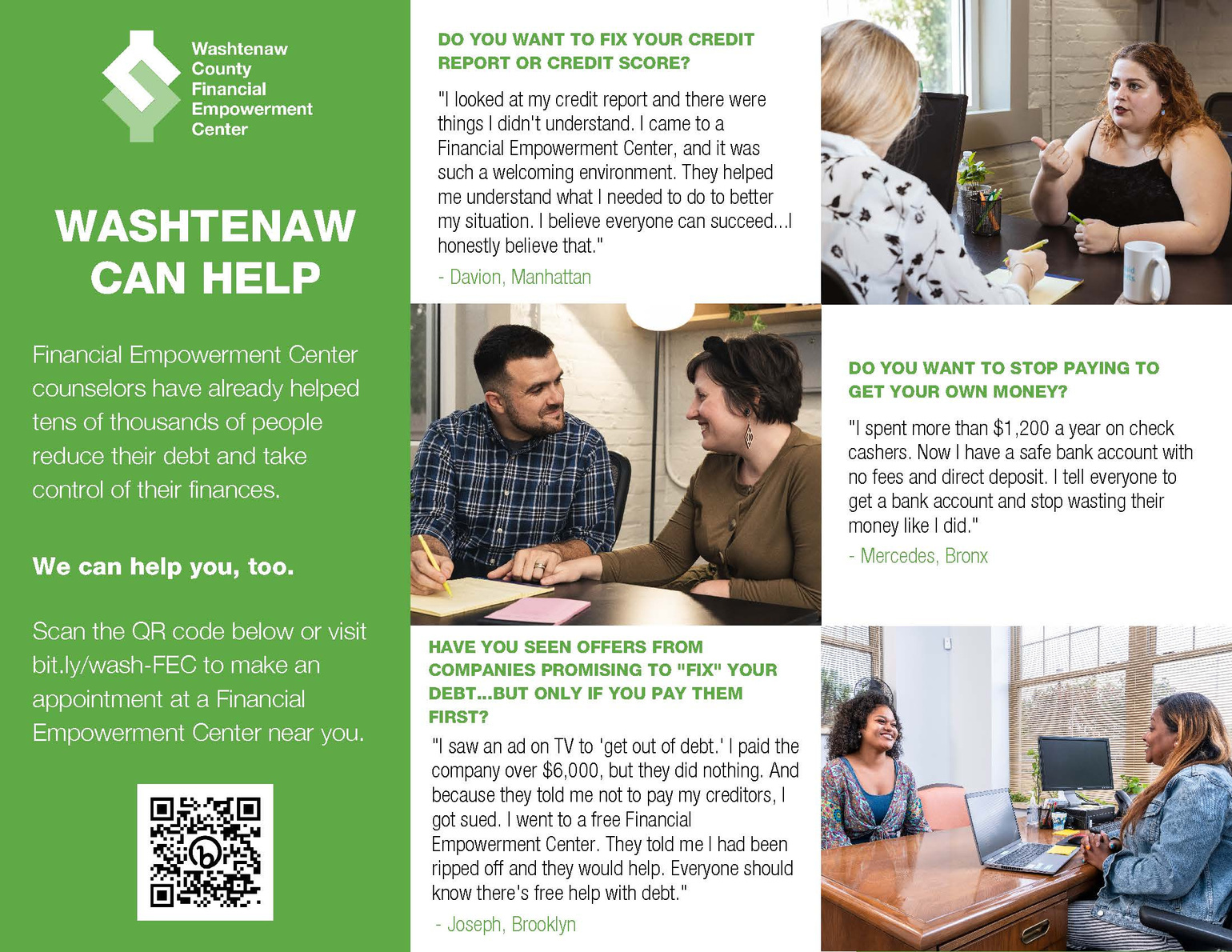 Flyer for Washtenaw County Financial Empowerment Center with testimonials