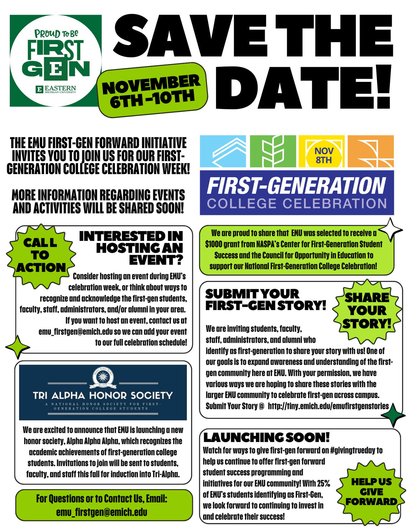 Flyer for EMU First-Gen Celebration, Nov 6th-10th, for questions email emu_firstgen@emich.edu