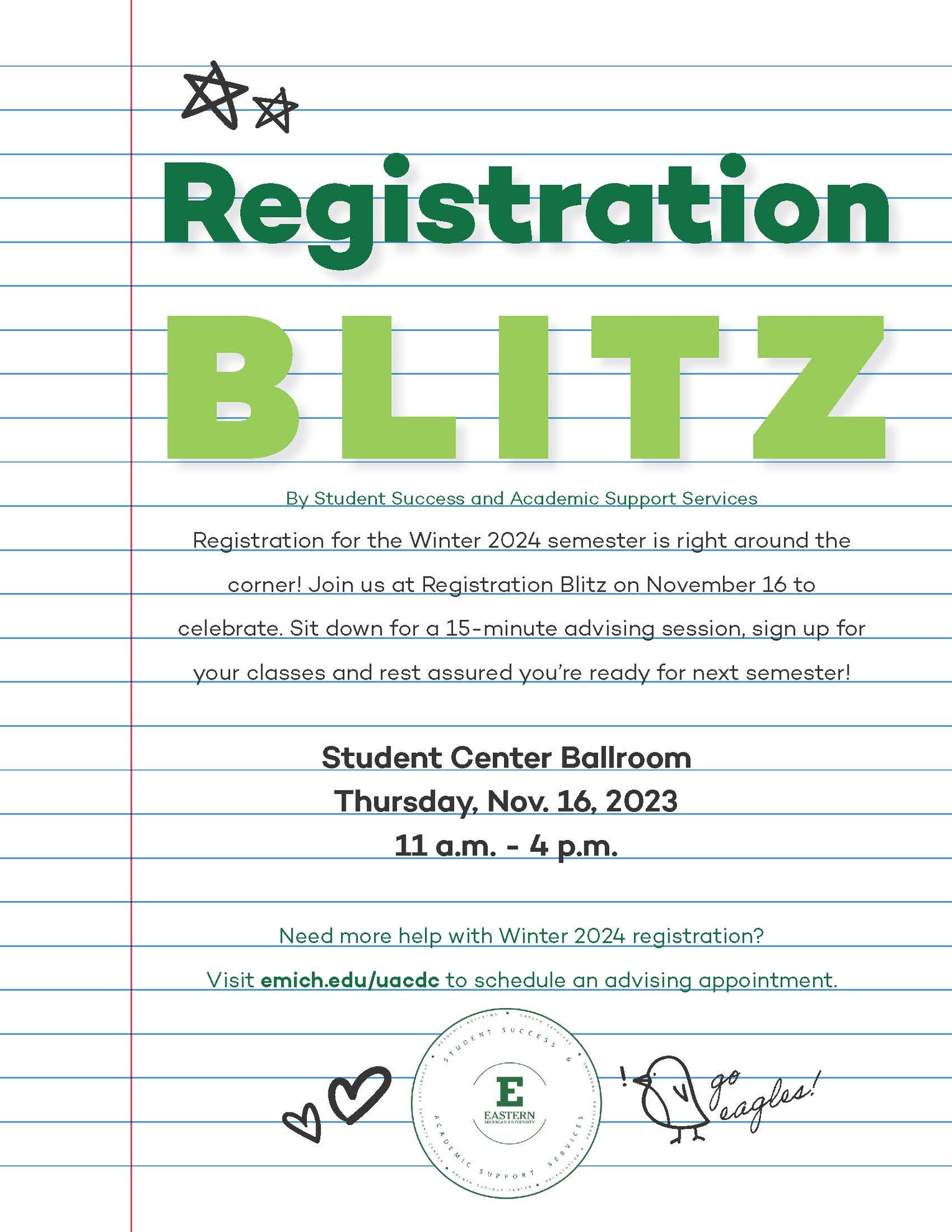 Flyer for the EMU student success and academic support services registration blitz event