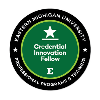 a circular badge with the green and black logo for Eastern Michigan University's Credential Innovation Fellow.