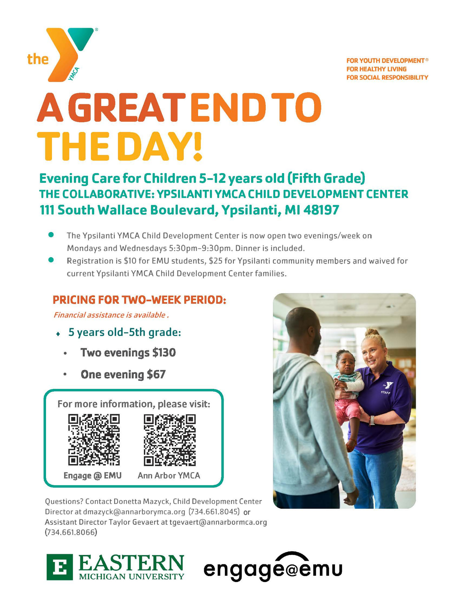 The flyer for the Ypsilanti YMCA Evening Child Care program 