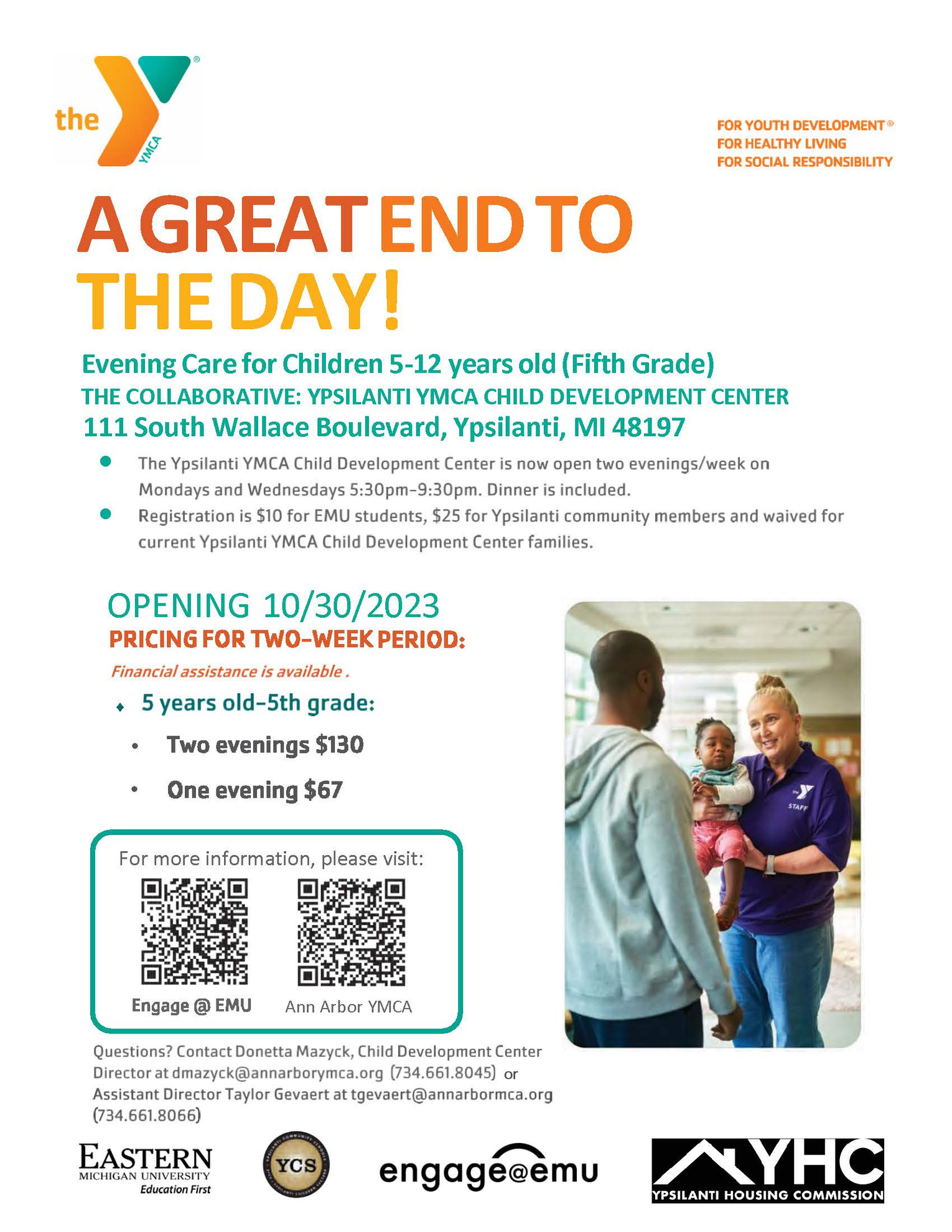 the flyer for evening child care at the Ypsilanti YMCA