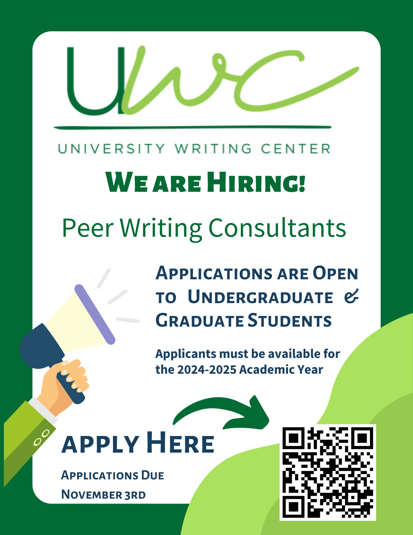 A flyer advertising that the University Writing Center are hiring peer writing consultants