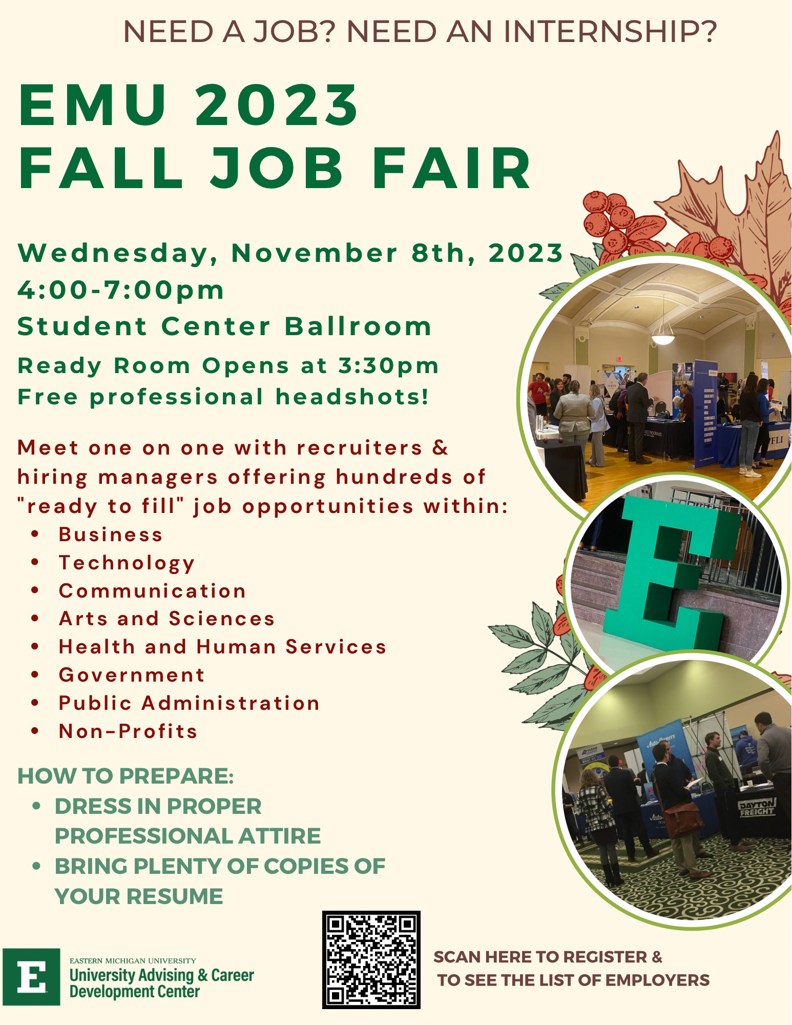 flyer for emu fall job fair on Wednesday, November 8 from 4-7pm at the Student Center Ballroom