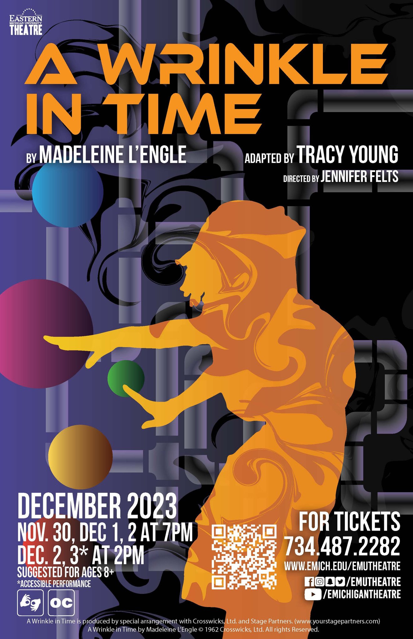 poster for EMU Theater's a wrinkle in time on november 30, december 1 and 2 at 7pm, and december 2 and 3 at 2pm