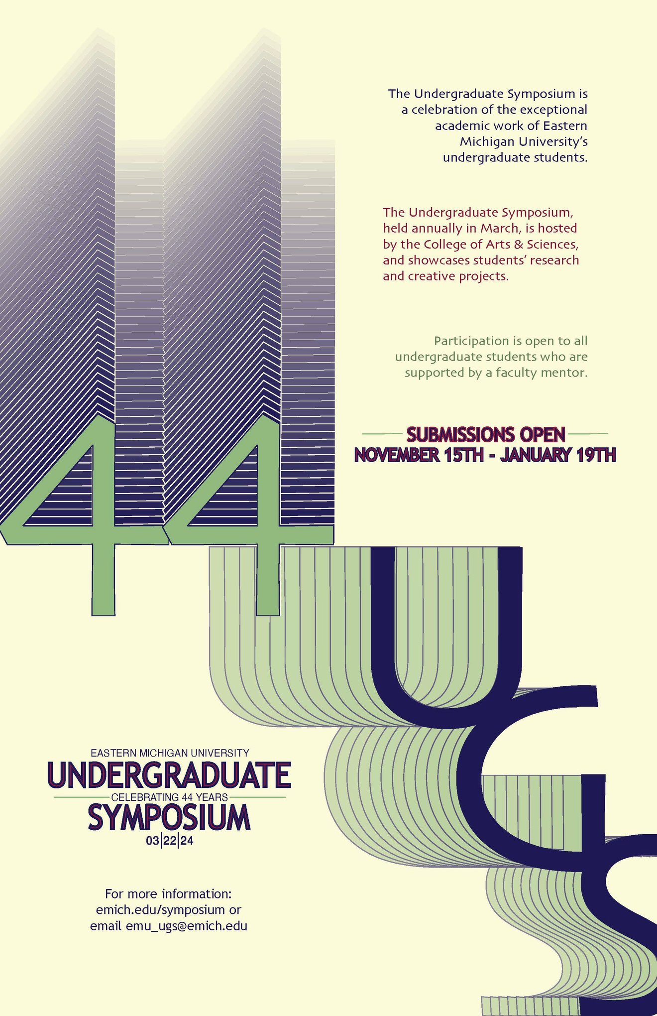 a poster for the EMU Undergraduate Symposium happening on 3-22-24, submissions open now