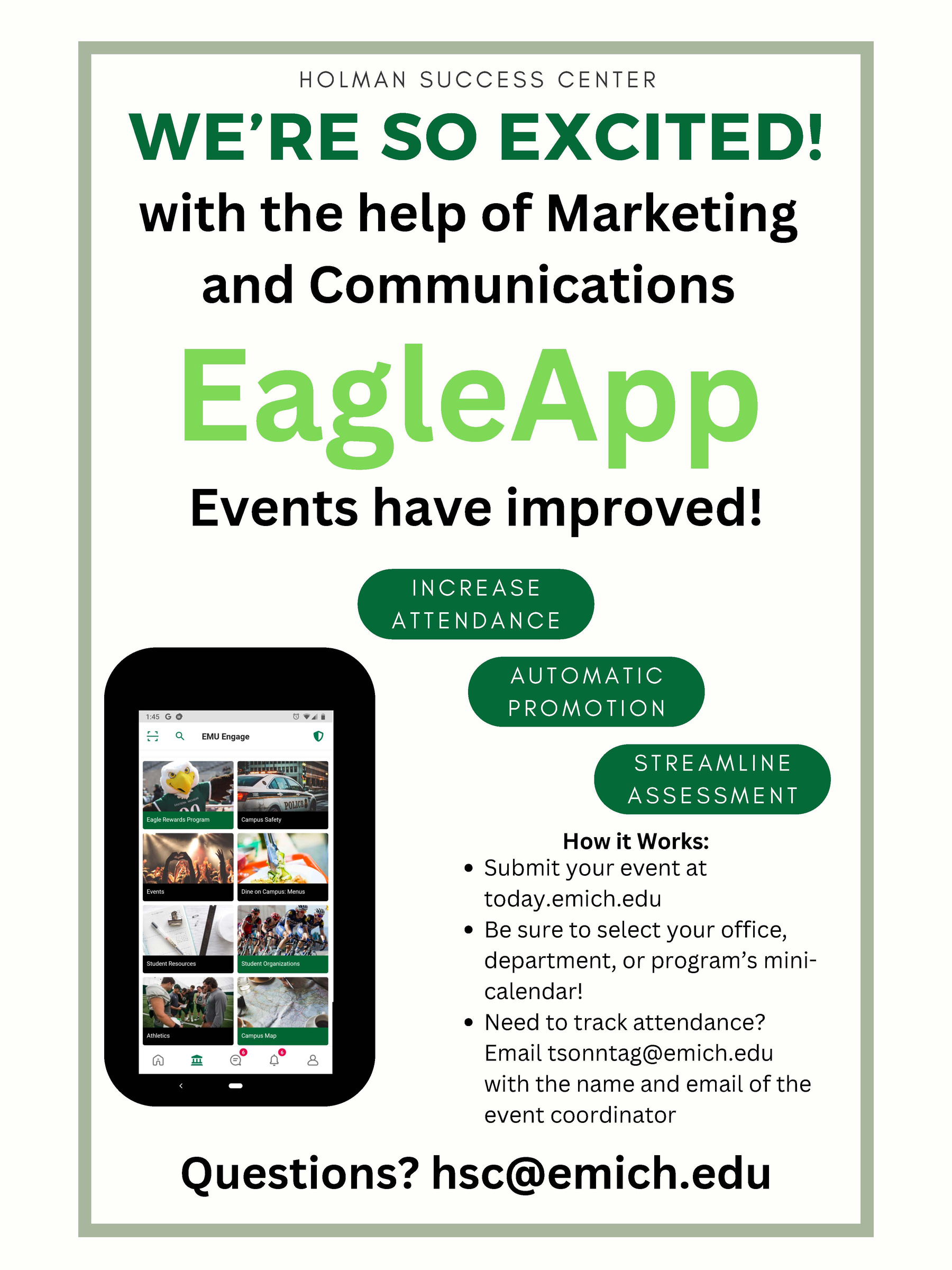 A notice from the Holman Success Center about improvements to the EagleApp Events 