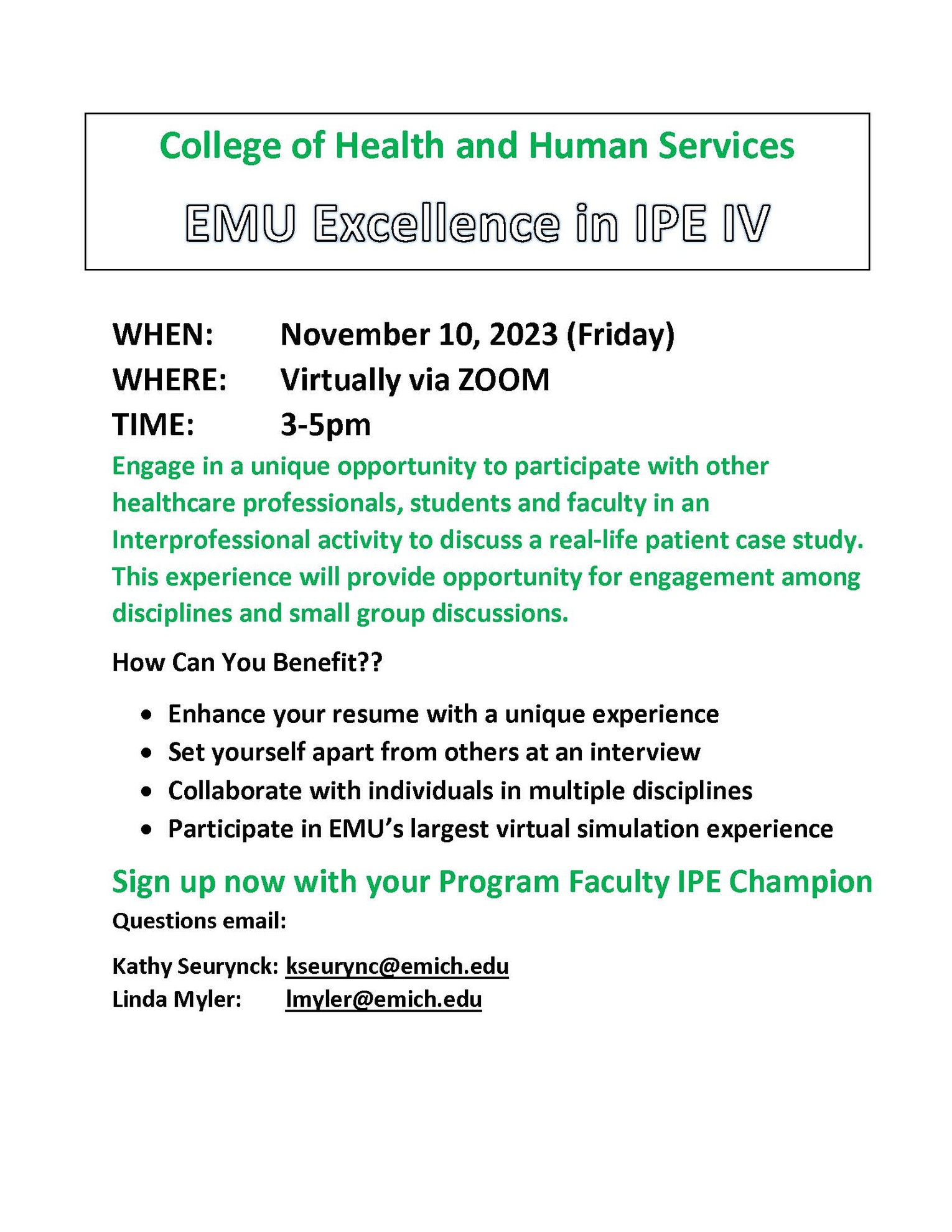 College of Health and Human Services EMU Excellence in IPE IV virtual workshop flyer