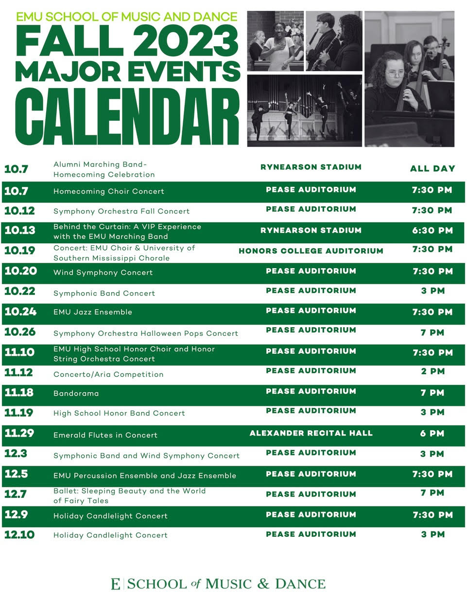 a poster for the EMU school of Music and dance Fall 2023 major events calendar 