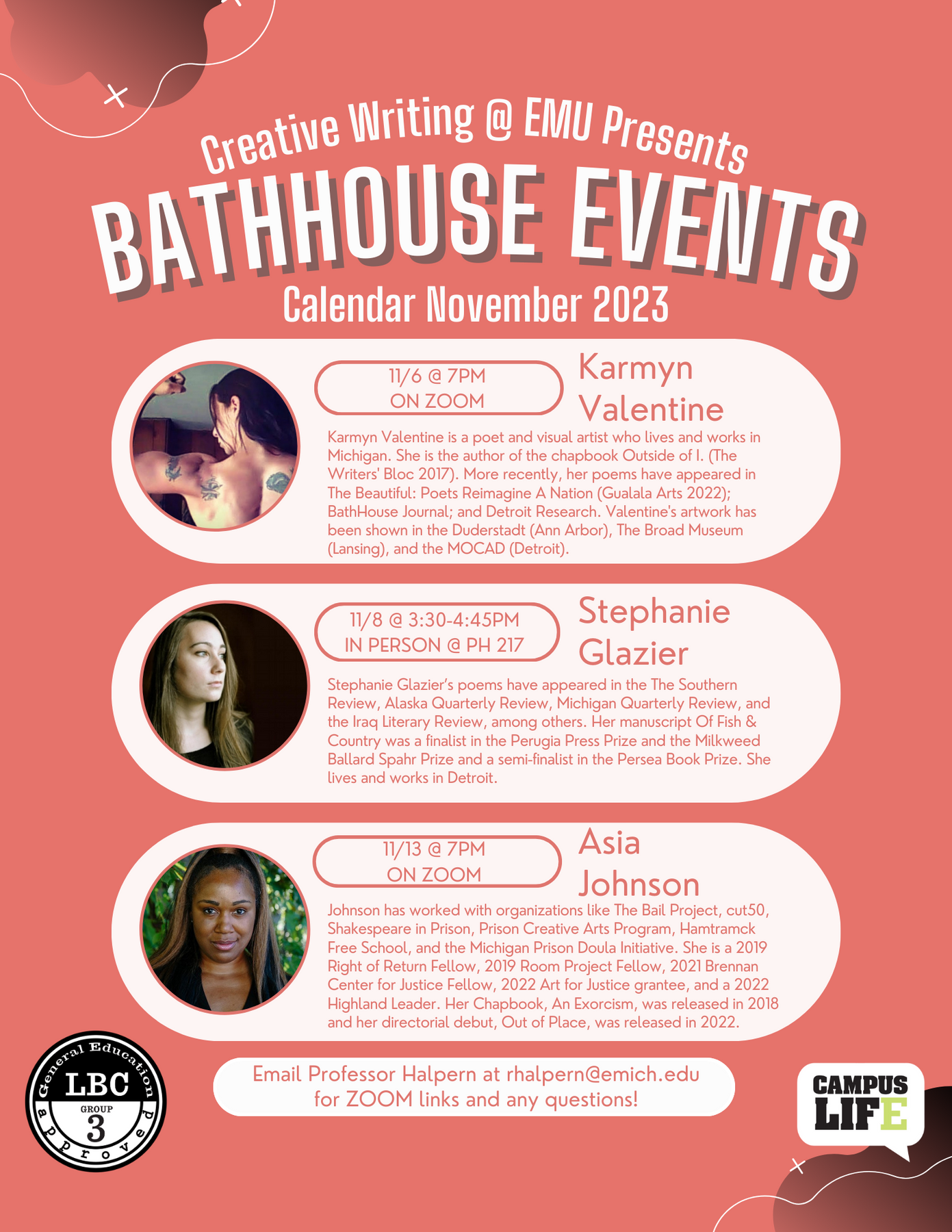 Creative Writing @ EMU Bathhouse November Events flyer.