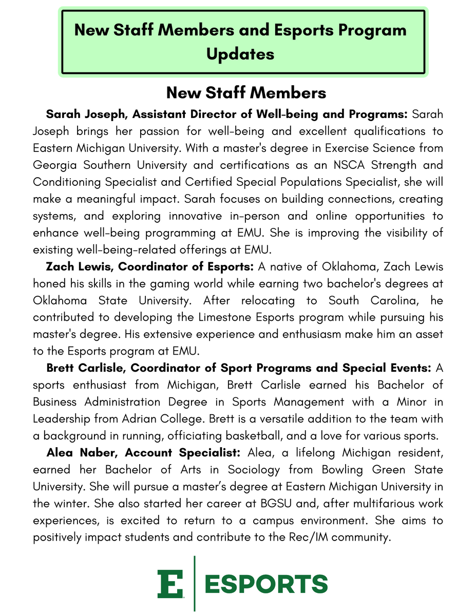 New Staff Members and Esports Program Updates flyer