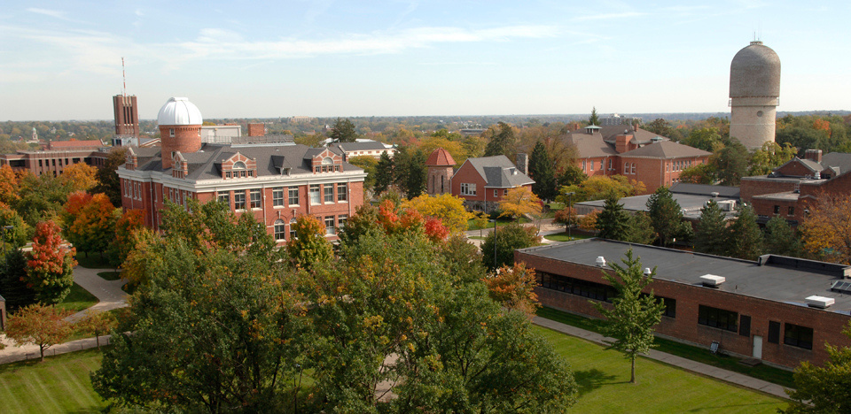 An aerial shot of EMU's campus 