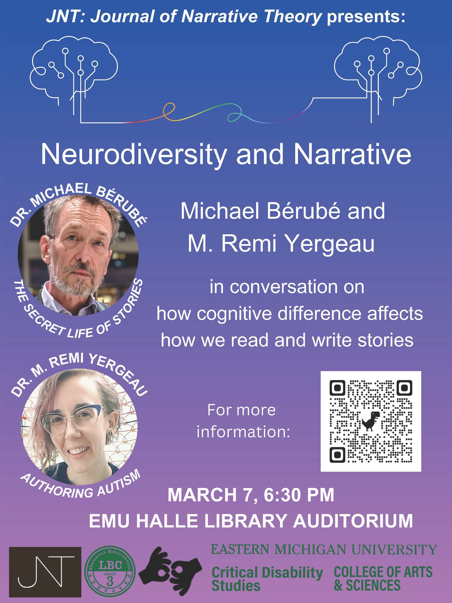 Flyer for JNT Dialogue Neurodiversity and Narrative, March 7, 6:30pm, Hall Library Auditorium