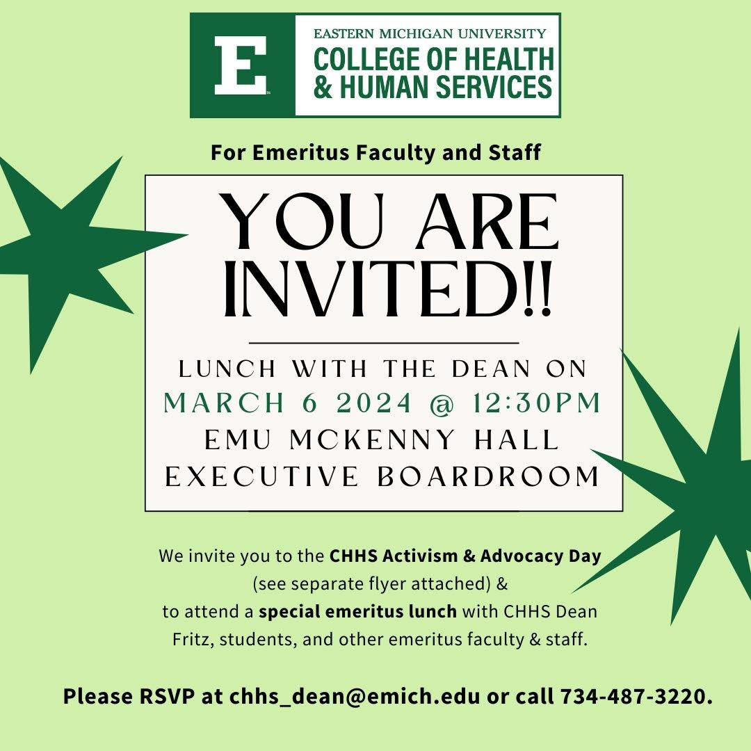 Flyer for an Emeritus Faculty and Staff Event Lunch with the Dean, March 6, 12:30pm, McKenny Hall Executive Boardroom