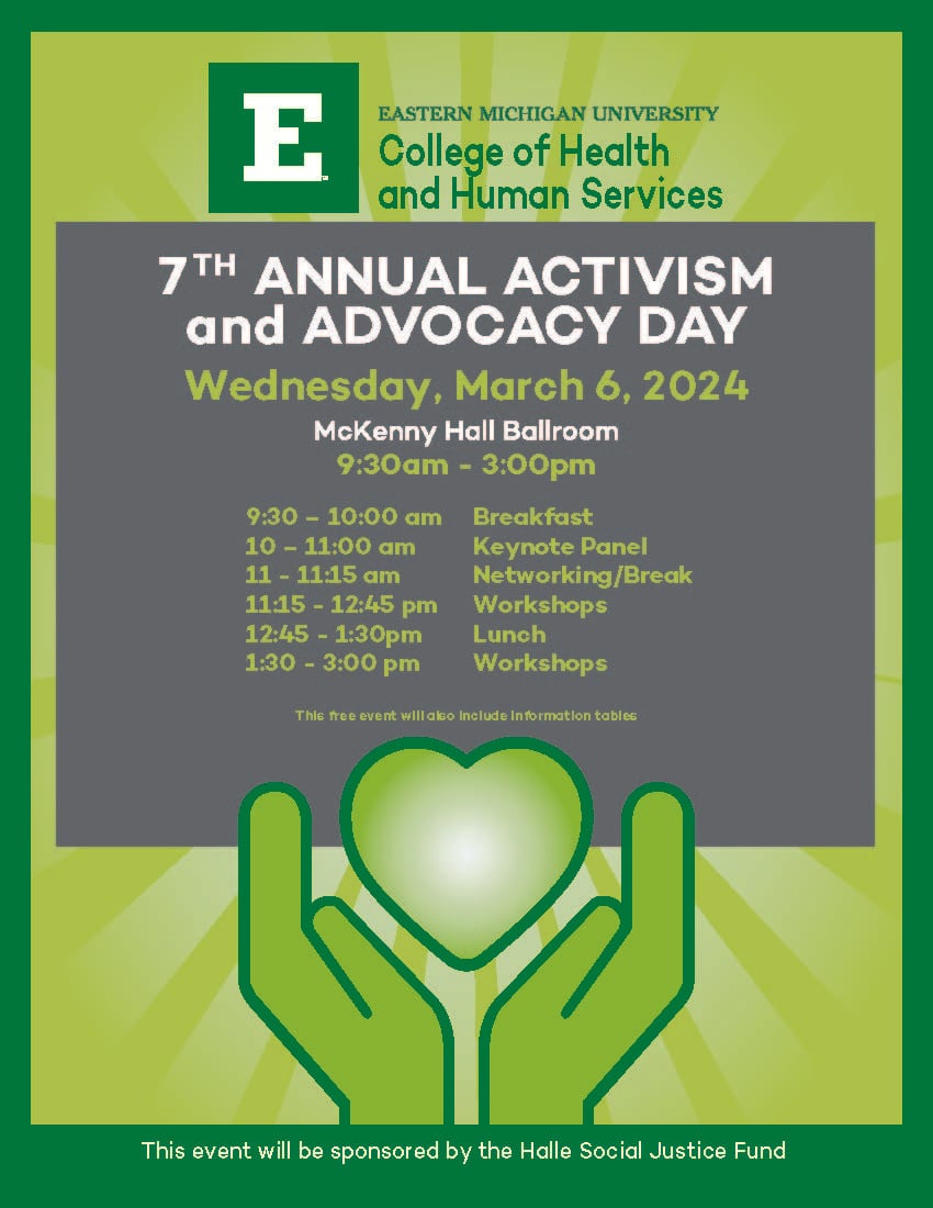 Flyer for the CHHS event 7th Annual Activism and Advocacy Day, March 6, 9:30am-3pm, McKenny Hall Ballroom