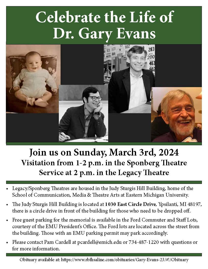 A Celebration of Life event for Dr. Gary Evans on Sunday, March 3, visitation from 1-2pm in the Sponberg Theatre, Service at 2pm in the Legacy Theatre