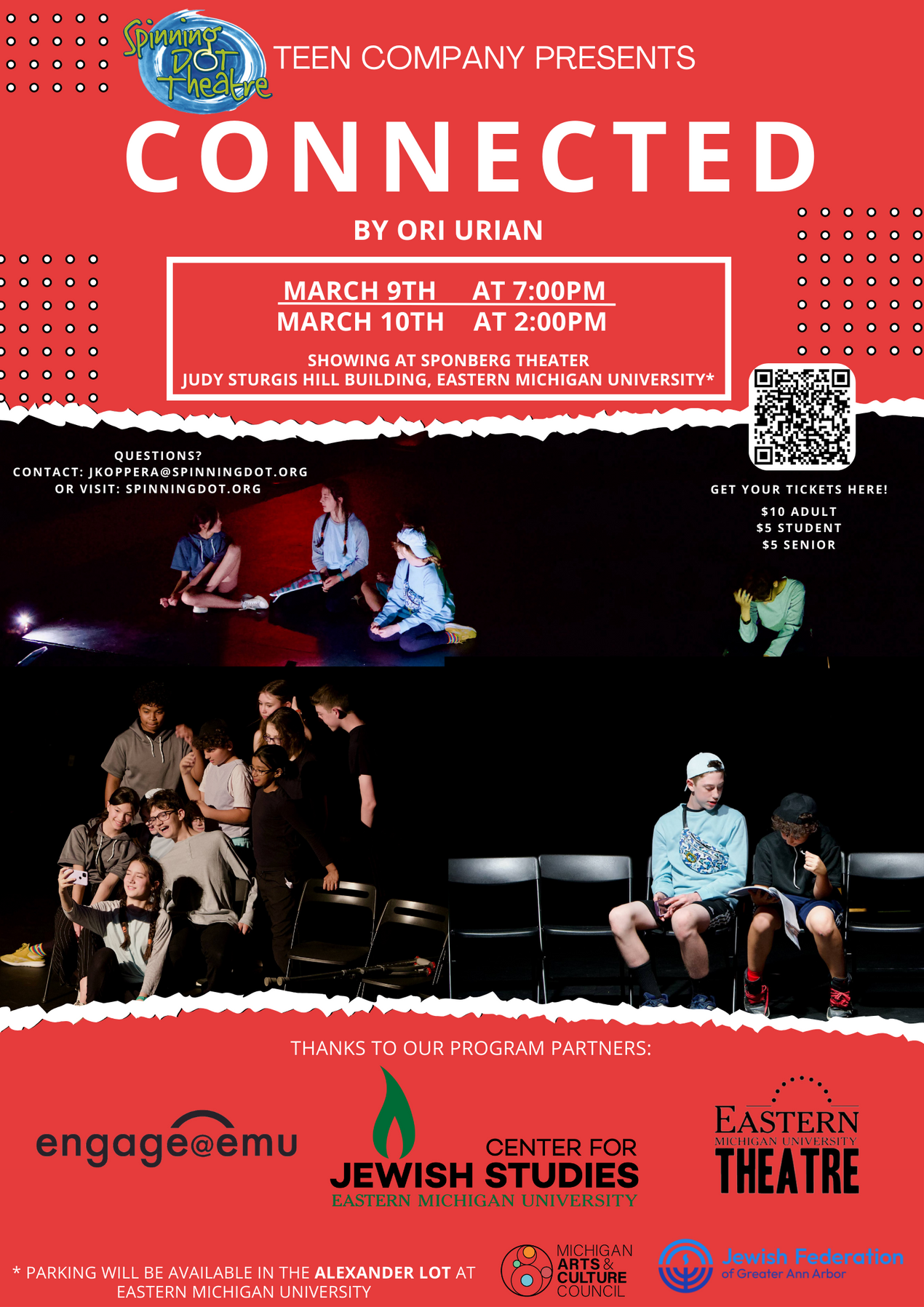 Flyer for the DOT Theater production Connected, March 9 at 7pm and March 10 at 2pm, at the Sponberg Theater