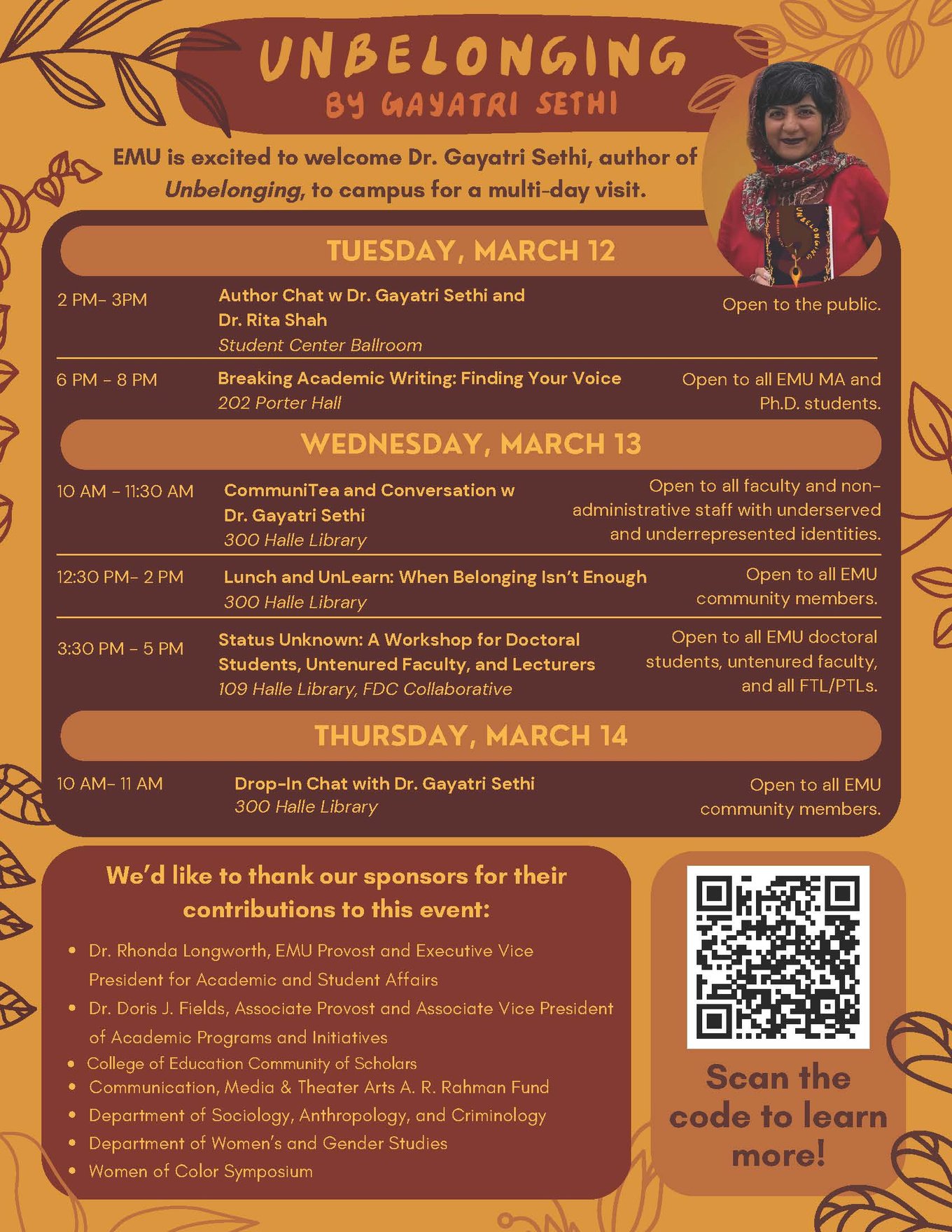 A flyer for several events featuring Dr. Gayatri Sethi, author of Unbelonging, during the week of March 12 2024