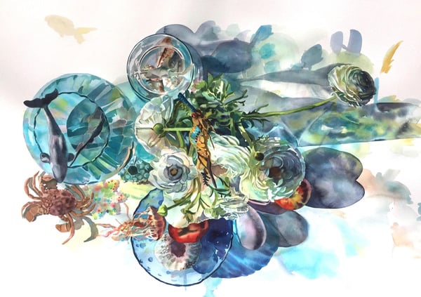 a watercolor painting of an arrangement of flowers