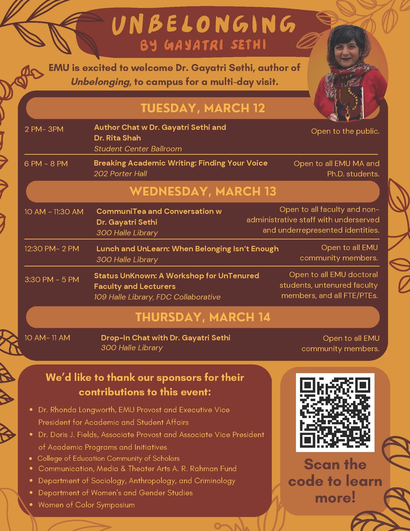 A flyer for several events featuring Dr. Gayatri Sethi, author of Unbelonging, during the week of March 12 2024