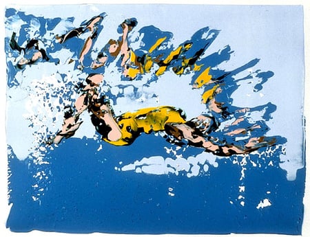 a painting of a swimmer diving into the water