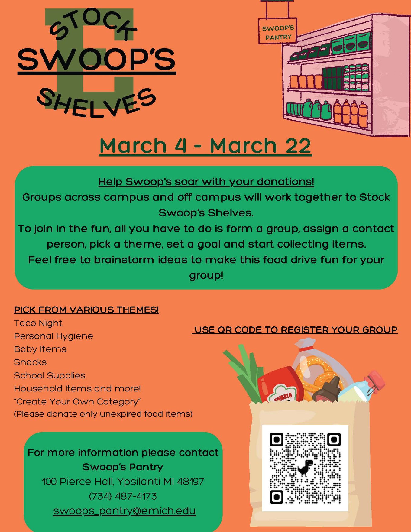 A flyer for Swoops Food Pantry stock the shelves event on 3/4/24-3/22/24