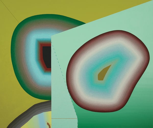 an abstract painting with a green, blue and yellow color scheme