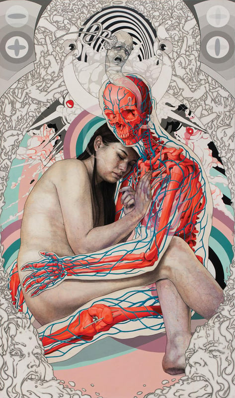 Artwork of a naked woman being held by an anatomical body with bones and veins visible