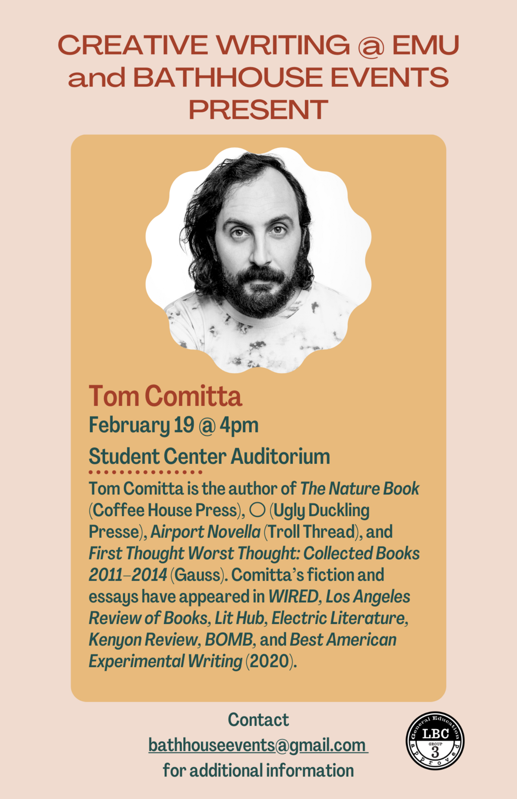 A flyer for the bathhouse reading event with Tom Comitta on 2/19/24 at 4pm in the Student Center