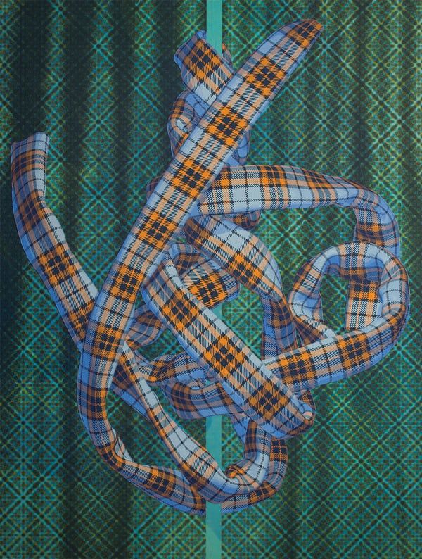 a painting of a tartan scarf on a green background