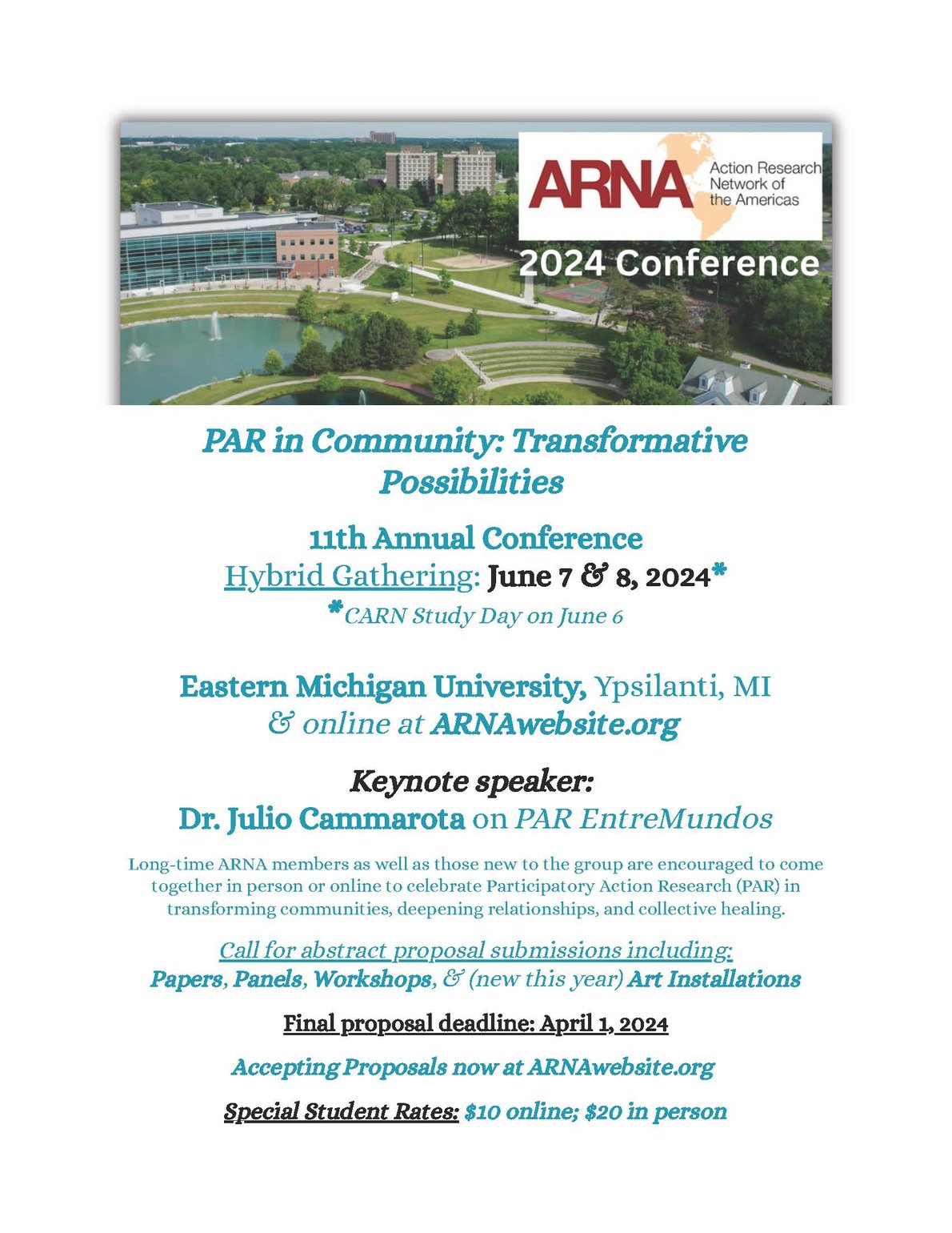 Flyer for PAR in Community: Transformative Possibilities Conference on June 7 and 8 online and on EMU campus; online proposals due April 1