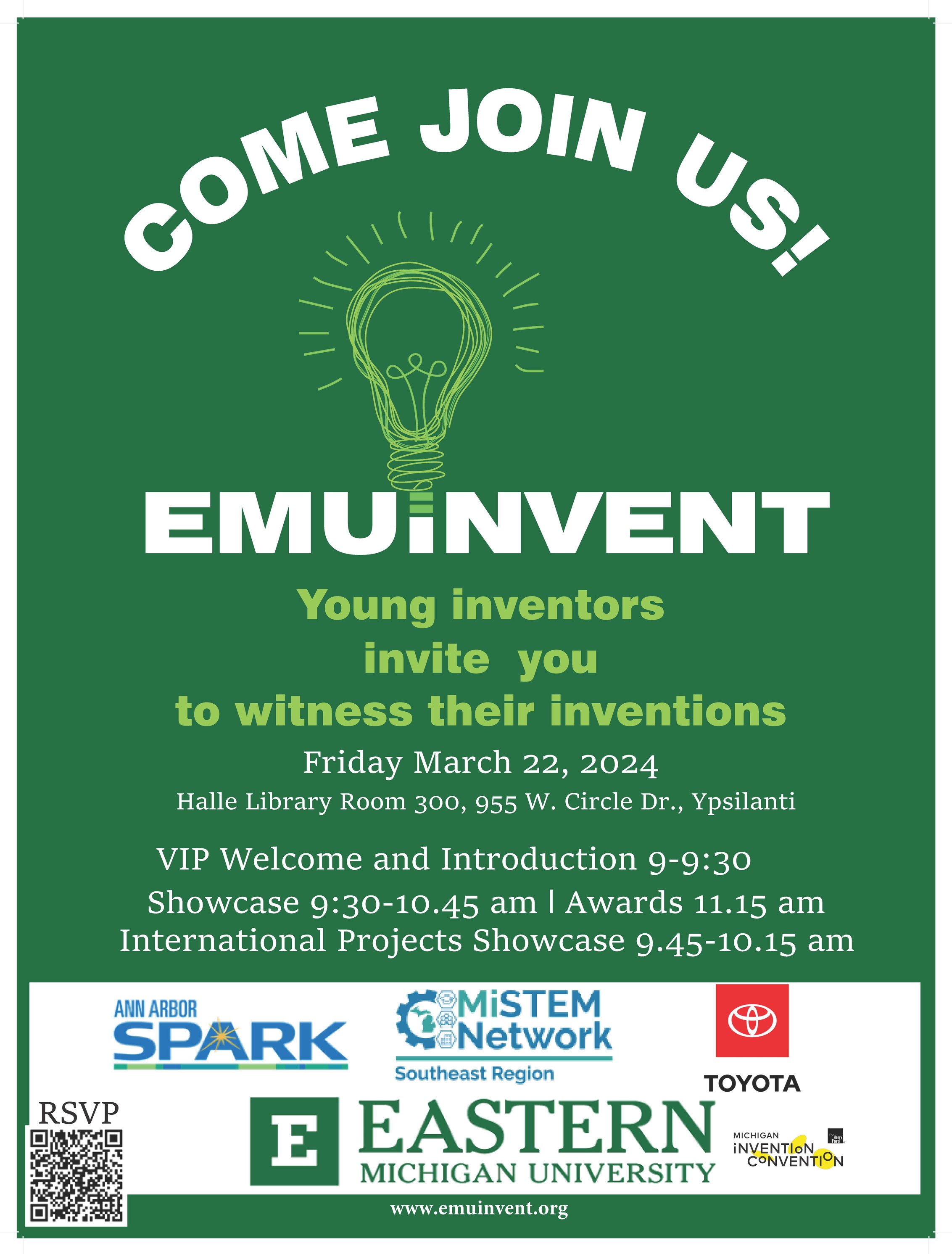 Flyer for EMU Invent Young Inventor Showcase on Friday, March 22 from 9am-10:15am in the Halle Library Room 300