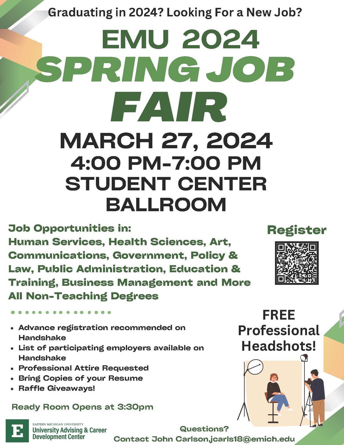 Flyer for Spring Job Fair, March 27, 4pm-7pm, Student Center Ballroom