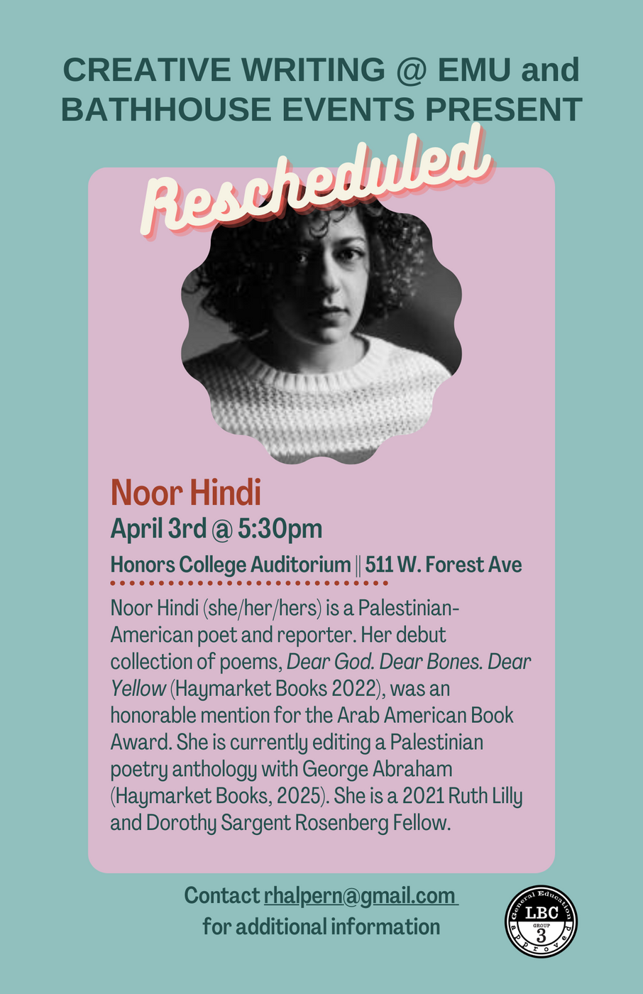 Flyer for Noor Hindi reading on Wednesday, April 3 at 5:30pm in the Honors College Auditorium