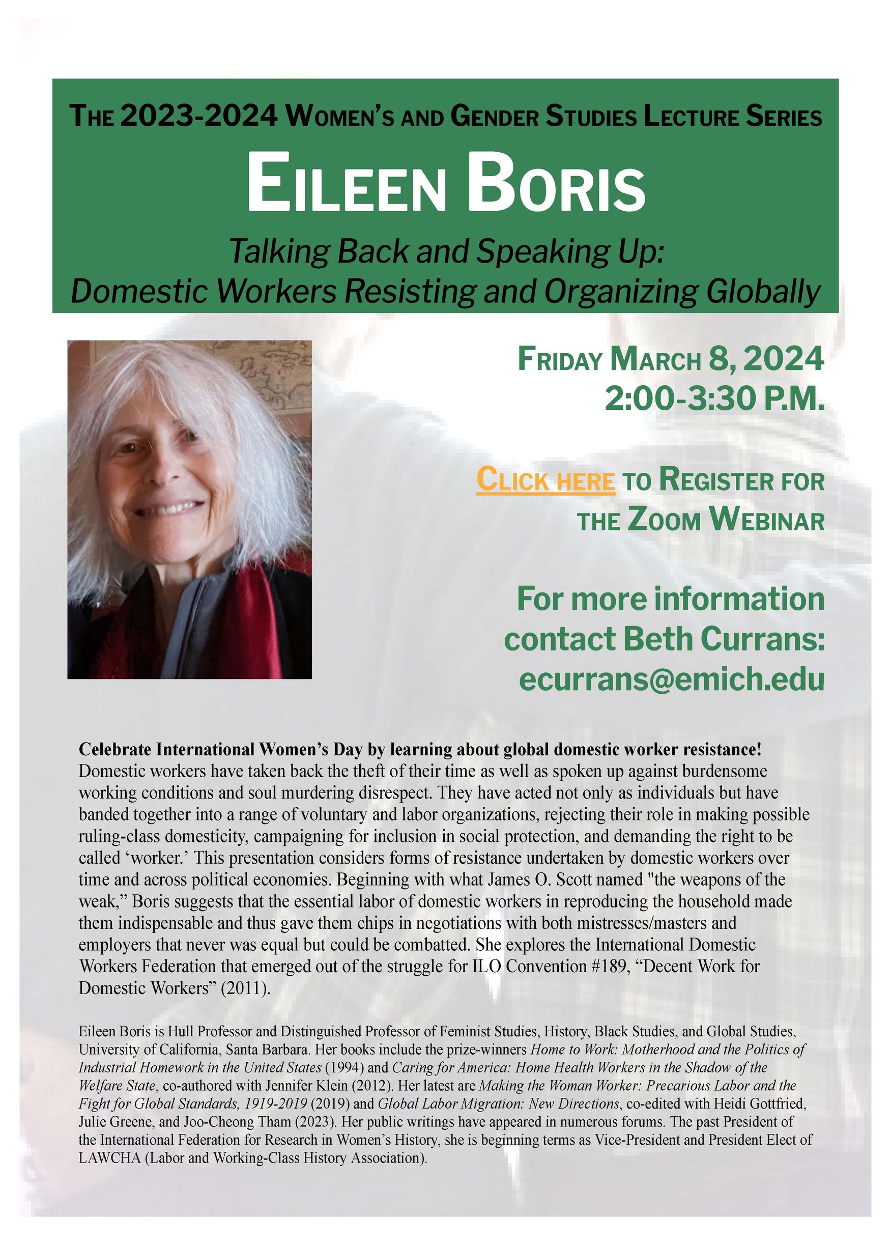 Flyer for the Women and Gender Studies Lecture Series with Eileen Boris on Friday, March 8 from 2-3pm via Zoom