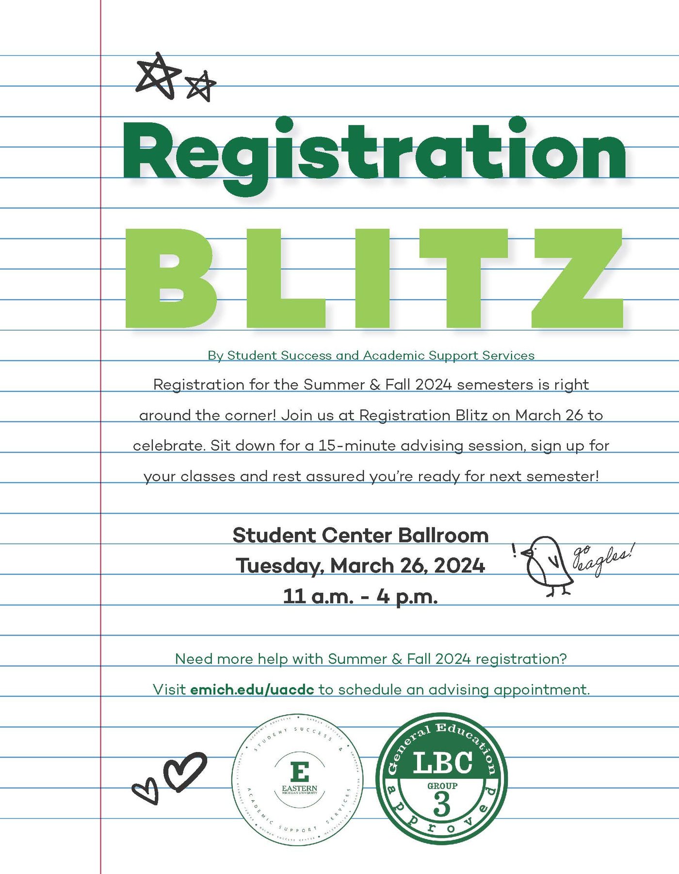 Flyer for Registration Blitz on Tuesday, March 26 from 11am-4pm in the Student Center Ballroom