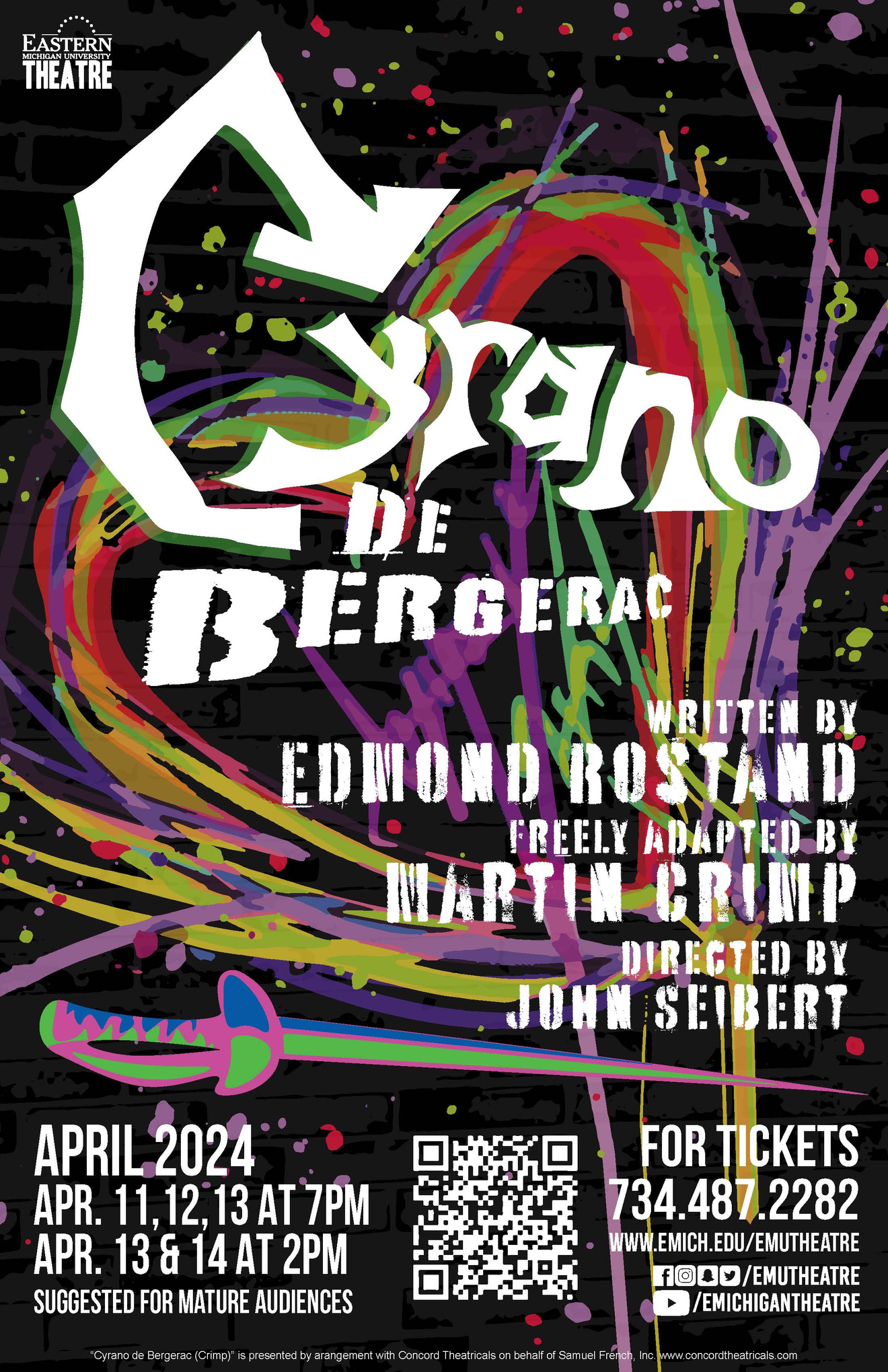 A flyer for EMU Theatre's Cyrano De Bergerac on April 11, 12, and 13 at 7pm, and on April 13 and 14 at 2pm