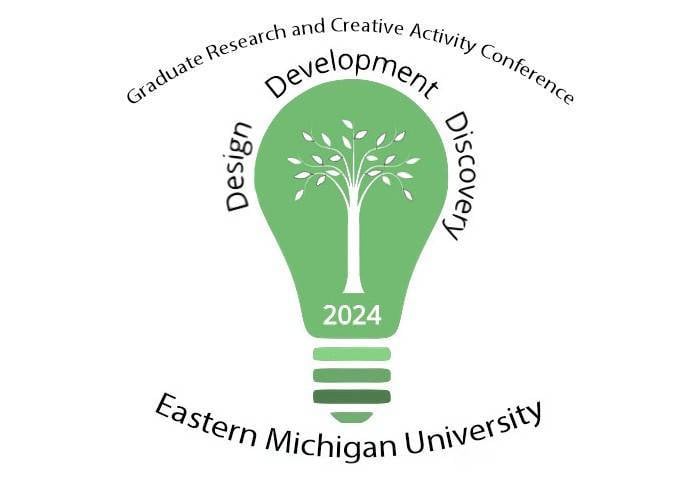 A green lightbulb on a white background with black text: the logo for the eastern michigan university Graduate Research and Creative Activity conference