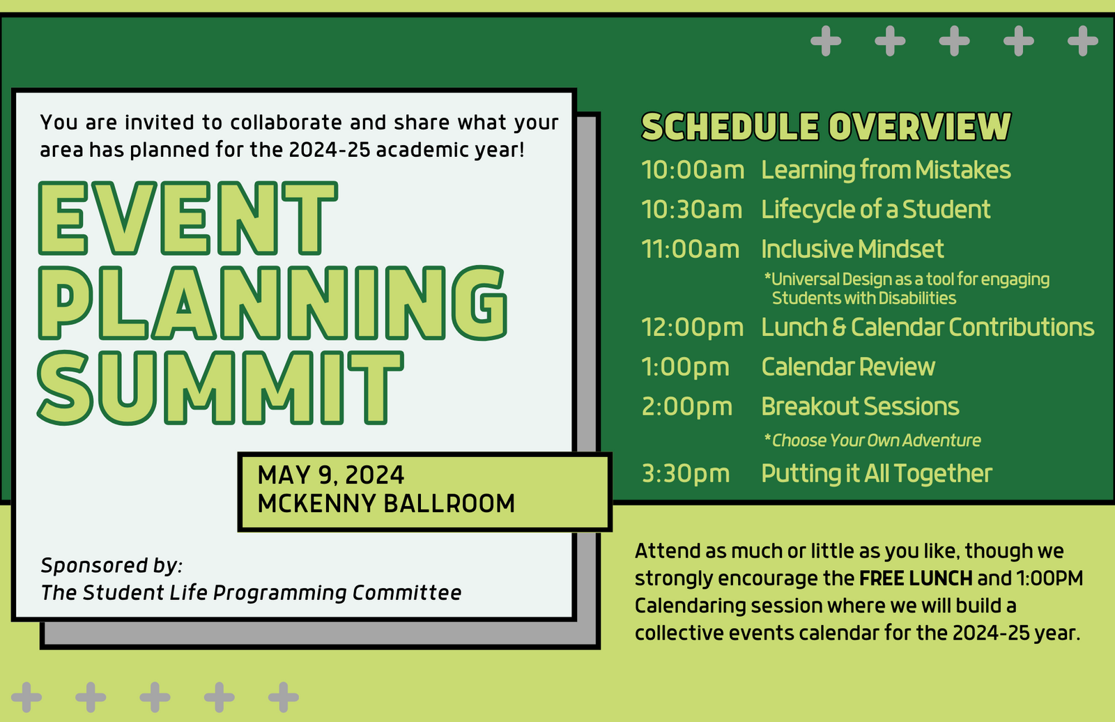 A flyer for the Event Planning Summit on May 9, 2024 from 10am - 3:30pm, at the McKenny Ballroom