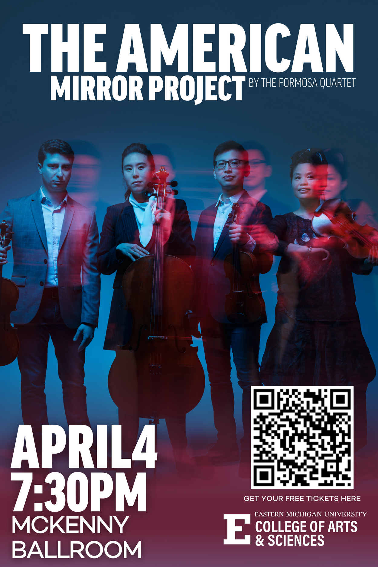 A flyer for The American Mirror Project by the Formosa Quartet on April 4 at 7:30pm at the Mckenny Ballroom