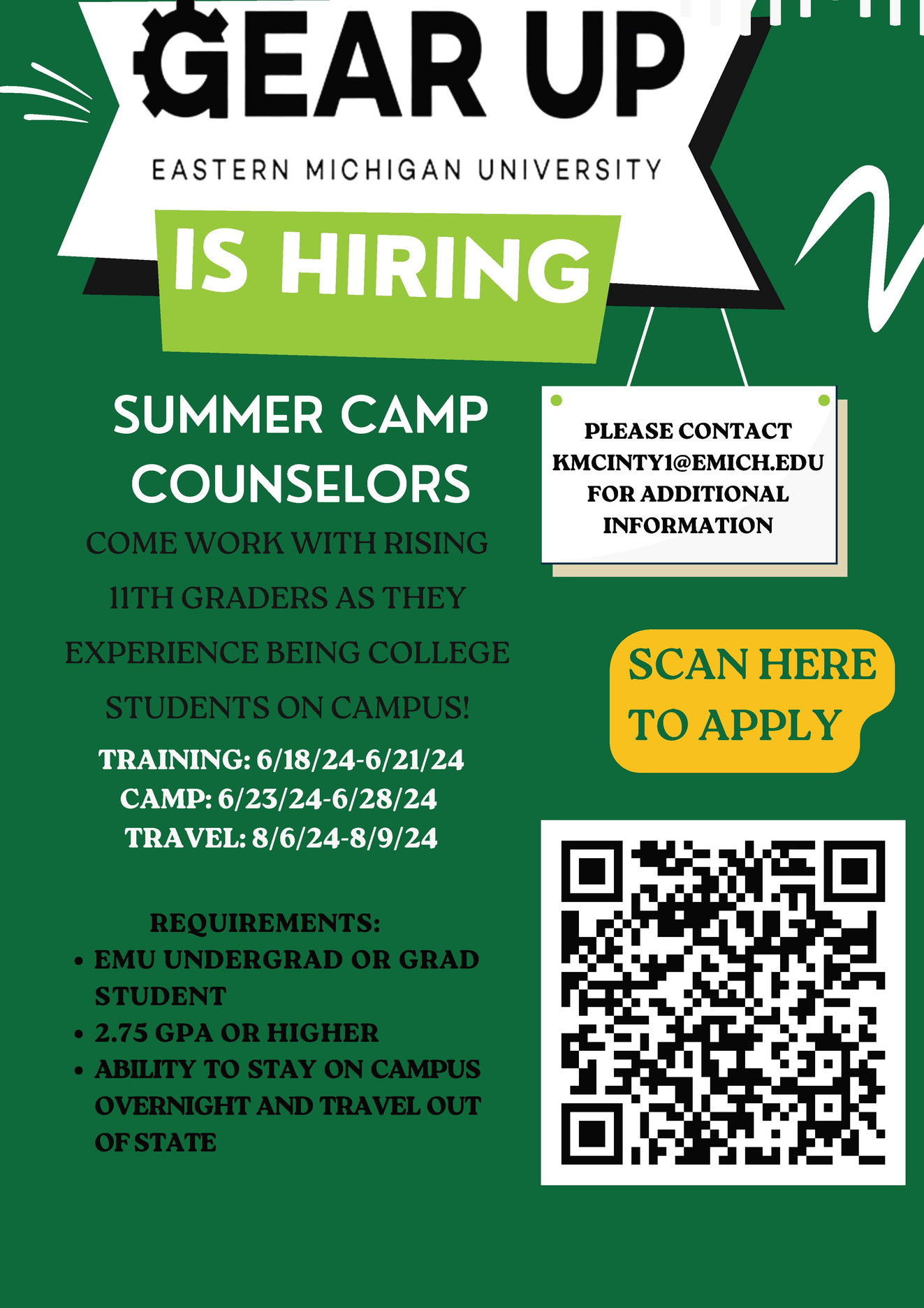 Gear Up EMU is Hiring. Contact kmcint1@emich.edu for more information