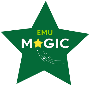 the emu magic logo on a green star