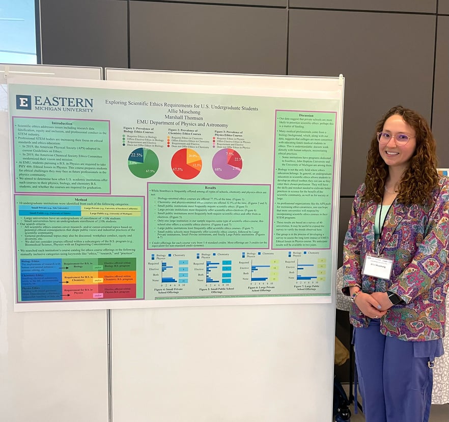 Allison Muschong standing next to an informational poster with writing and pie charts on it