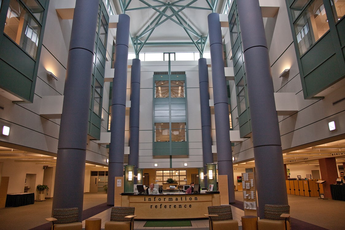 An inside view of the Halle Library lobby. 