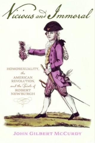 The cover of Vicious and Immoral; an illustration of a man holding a striped handkerchief and a pink waistcoat 